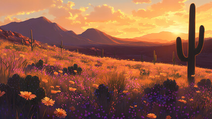 Desert Sunset Landscape: The desert landscape is painted with the fiery hues of a breathtaking sunset, creating a stunning visual spectacle. Tall cacti stand in silhouette against the vibrant sky.