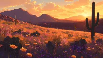 Desert Sunset Landscape: The desert landscape is painted with the fiery hues of a breathtaking sunset, creating a stunning visual spectacle. Tall cacti stand in silhouette against the vibrant sky.