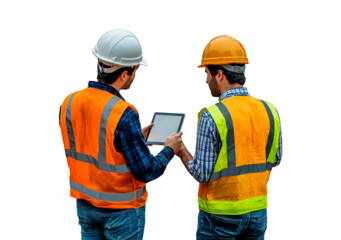 Construction workers discuss project plans using a tablet at a worksite isolated on transparent background