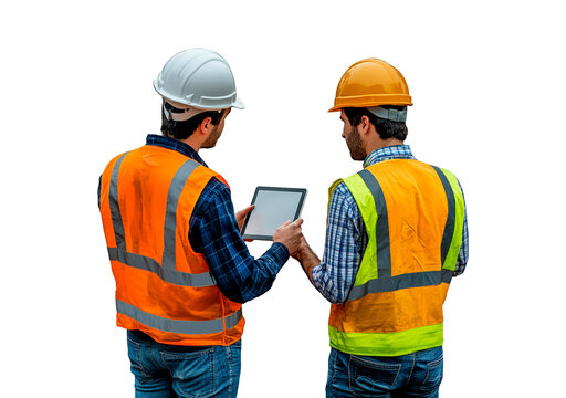 Construction workers discuss project plans using a tablet at a worksite isolated on transparent background