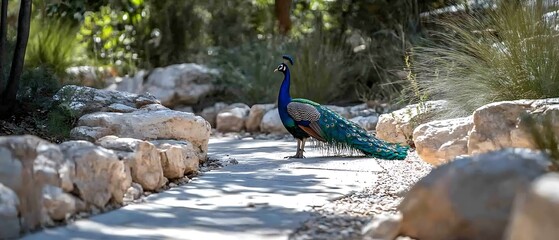 Peacock in a garden path
