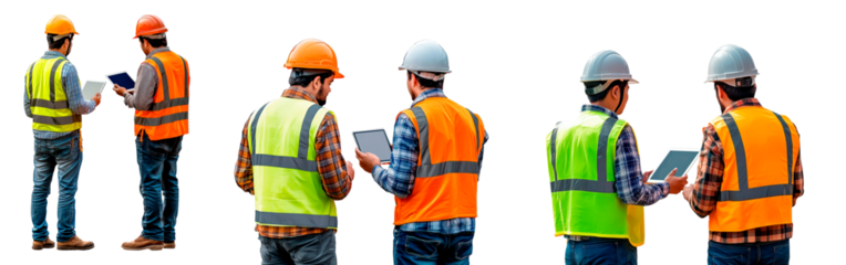 Construction workers reviewing plans on tablet at construction site isolated on transparent background