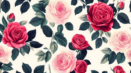Elegant Seamless Pattern Pink Red Roses Floral Design Botanical Vintage Textile