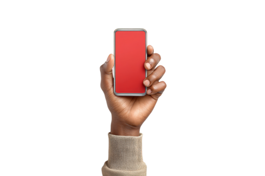 PNG African adult holding smartphone with red screen on black background