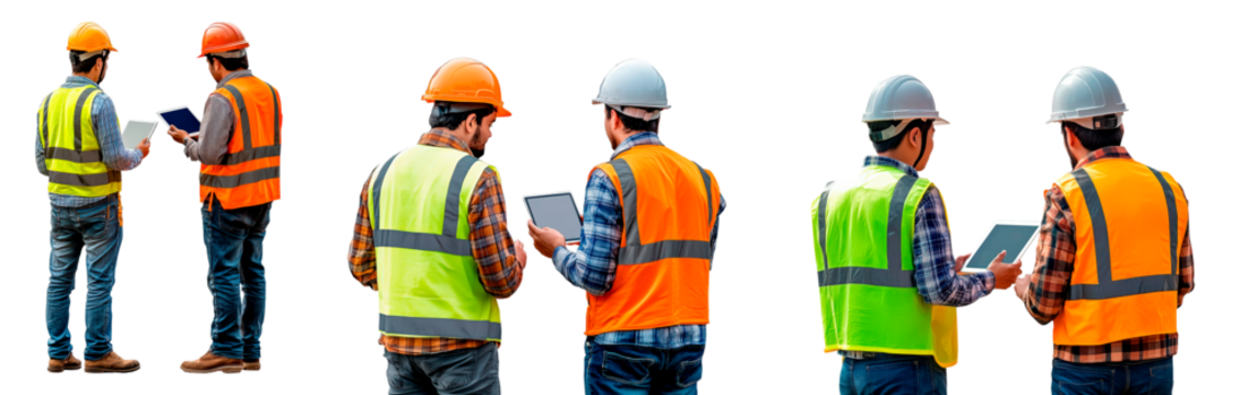 Construction workers reviewing plans on tablet at construction site isolated on transparent background - Powered by Adobe