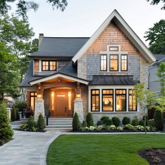 Modern farmhouse home with stone and wood exterior