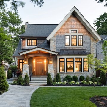Fototapeta Modern farmhouse home with stone and wood exterior