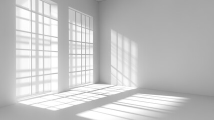 Fototapeta premium Sunlight streams through large windows in a minimalist white room, casting shadows on the floor.