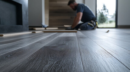 Man Installing Wooden Flooring in a Modern Home