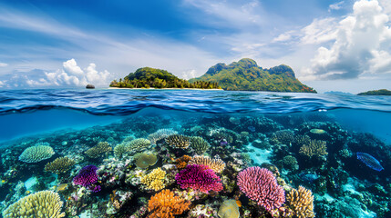 Naklejka premium Underwater Paradise: Captivating split-level shot showcases a vibrant coral reef beneath crystal-clear water, with a picturesque tropical island on the horizon.