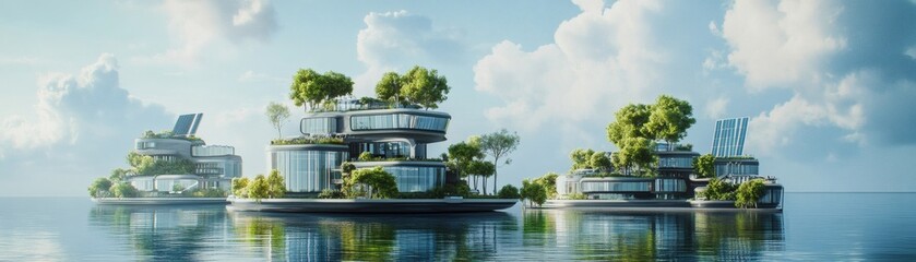Futuristic eco-friendly floating islands with modern architectural designs floating on serene waters, embraced by fluffy clouds