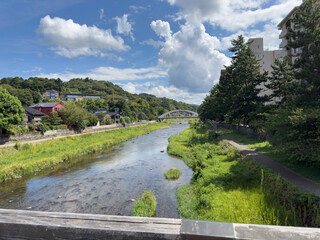 Riverside Scenery with Red House under a Summer Sky