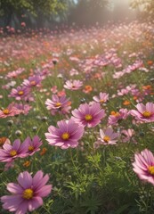 Obraz premium Delicate cosmos blossoms, vibrant petals, lush garden , texture, macro
