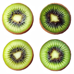 Fototapeta premium Four sliced kiwi halves with bright green flesh. Symmetrical grid on clean white background. Freshness and healthy energy. Great for nutrition blogs, menus, and food packaging.