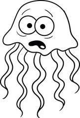  A jellyfish with a surprised expression on its face. Contour illustration of a cartoon jellyfish with a scared expression. for children's coloring books, educational materials, and marine themes.