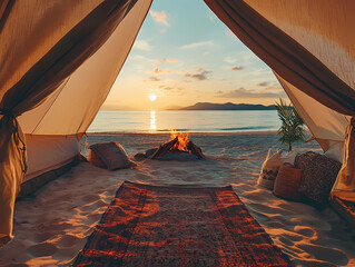 Sunset Beach Camp: A warm fire crackles in the sand of a pristine beach as the sun dips below the horizon, casting a golden glow over the tranquil waters. The view from inside a cozy.