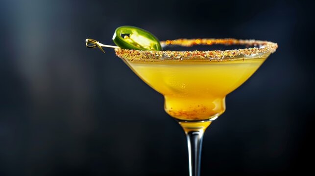 A vibrant spicy margarita cocktail with a chili powder rim and a zesty jalapeo kick, perfect for a bold sip.