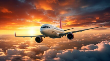 Fototapeta premium Experience the beauty of a sky aglow, where a sleek plane soars through stunning hues of a sunset oasis.