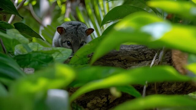 Bushy tailed Olingo peers through lush green foliage, displaying its shy, grey fur and small ears in a tropical forest setting.