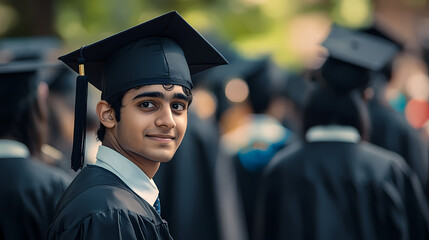 Celebration of Academic Achievement: Capturing a moment of pride and accomplishment, a graduate in a cap and gown beams with a sense of triumph. Witnessing the commencement day.