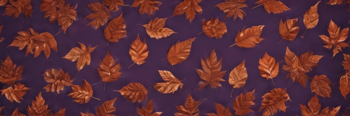 Fototapeta premium Intricate pattern of metallic burnt orange leaves on a rich violet background Subtle light reflections visible , wallpaper, violet