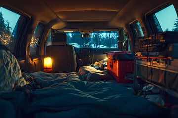 Cozy Car Camping: A warm and inviting interior of a car, set up for comfortable camping. A warm glow of a lamp and soft bedding invite the viewer to a relaxing camping experience.