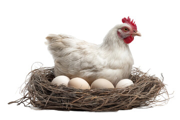 PNG White chicken on nest with eggs in straw nest