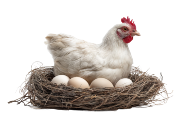 PNG White chicken on nest with eggs in straw nest