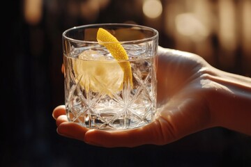 A refreshing drink with a lemon twist in a crystal glass.  The glass is held by a hand, with the setting sun creating a warm glow in the background.  It evokes a sense of relaxation and enjoyment. 