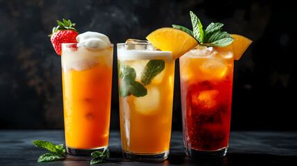 Tropical Beverage Trio: A vibrant trio of refreshing tropical beverages, each adorned with fresh fruit garnishes and inviting presentation.