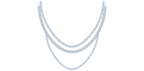 Layered Silver Chain Necklace On White Background, Unique Fine Jewelry Vector Illustration.	