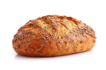 Golden-brown loaf of artisan bread, speckled with seeds.