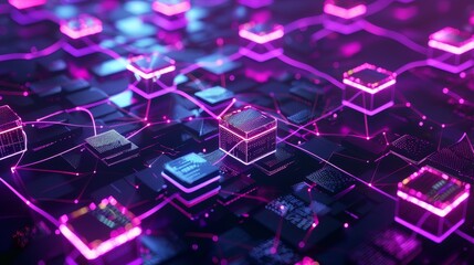 glowing blockchain network with interconnected nodes in purple and cyan dark background on central node .