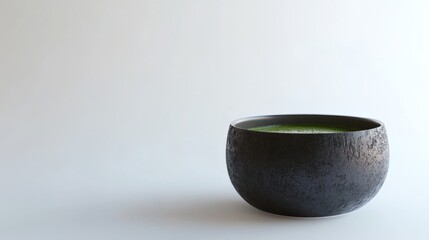 A black tea bowl filled with vibrant green matcha tea, set against a clean, minimalist backdrop. The bowl's dark, textured surface provides a striking contrast