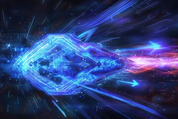 glowing cyber shield deflecting ransomware arrows blue energy waves on impact point .