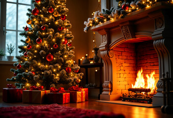 christmas tree in front of fireplace