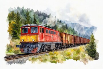 Red train through misty mountain