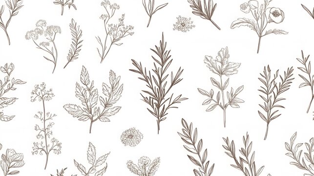 Detailed botanical illustration pattern of various herbs and flowers.