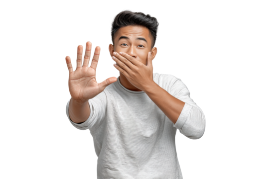 PNG Surprised young asian male gesturing stop with hand over mouth