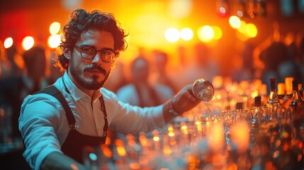 Bartender mixes drink at a lively bar