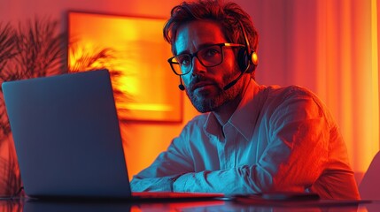 Focused worker at laptop in colorful neon light