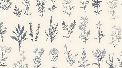 A collection of detailed, stylized plant illustrations.