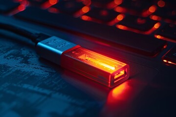 glowing USB drives sold in a shadowy digital marketplace on data streams dark web .