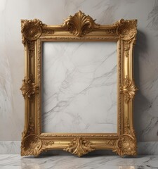 Ornate gold frame on polished marble, elegant backdrop,  glossy, gold frame