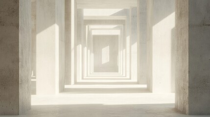 Empty, sunlit concrete corridor perspective.