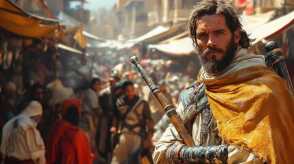 Man in traditional attire, bustling marketplace