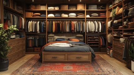 Spacious walk-in closet with bed