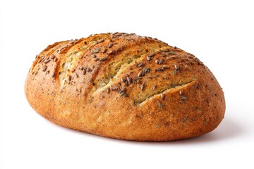 A loaf of crusty artisan bread, speckled with seeds, sits on a white background.