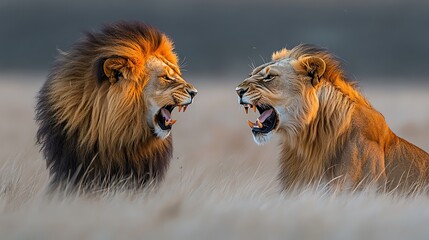Two lions facing off in tall grass