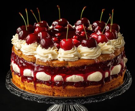 Layered cherry cake with whipped cream